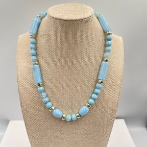 Vintage Silver-Tone Confetti Light Blue Beads Cord Statement Push Lock Necklace